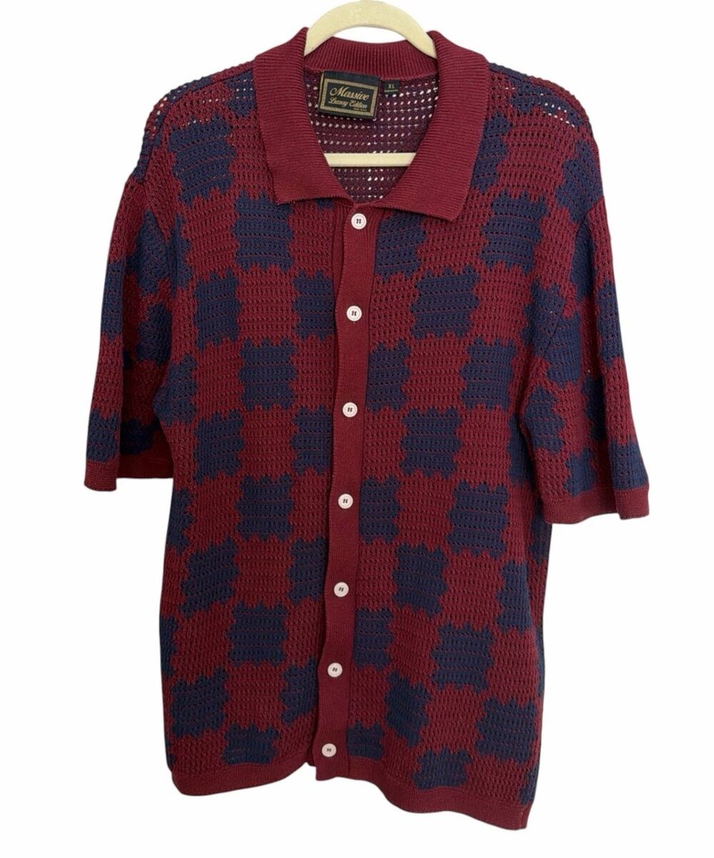 Massive Luxury Crochet Knit Polo Shirt Men XL Button Up Maroon Blue Cotton Retro